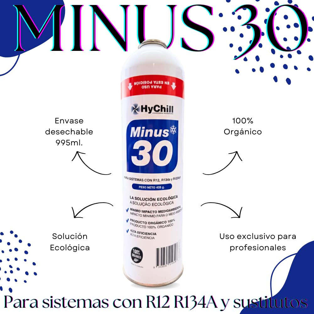 Minus 30 Refrigerante Técnico 995ml 425gr | Gas Ecológico para Aire Acondicionado y Frío Automoción | Alta Eficiencia Uso Profesional (1 ENVASE + LLAVE)