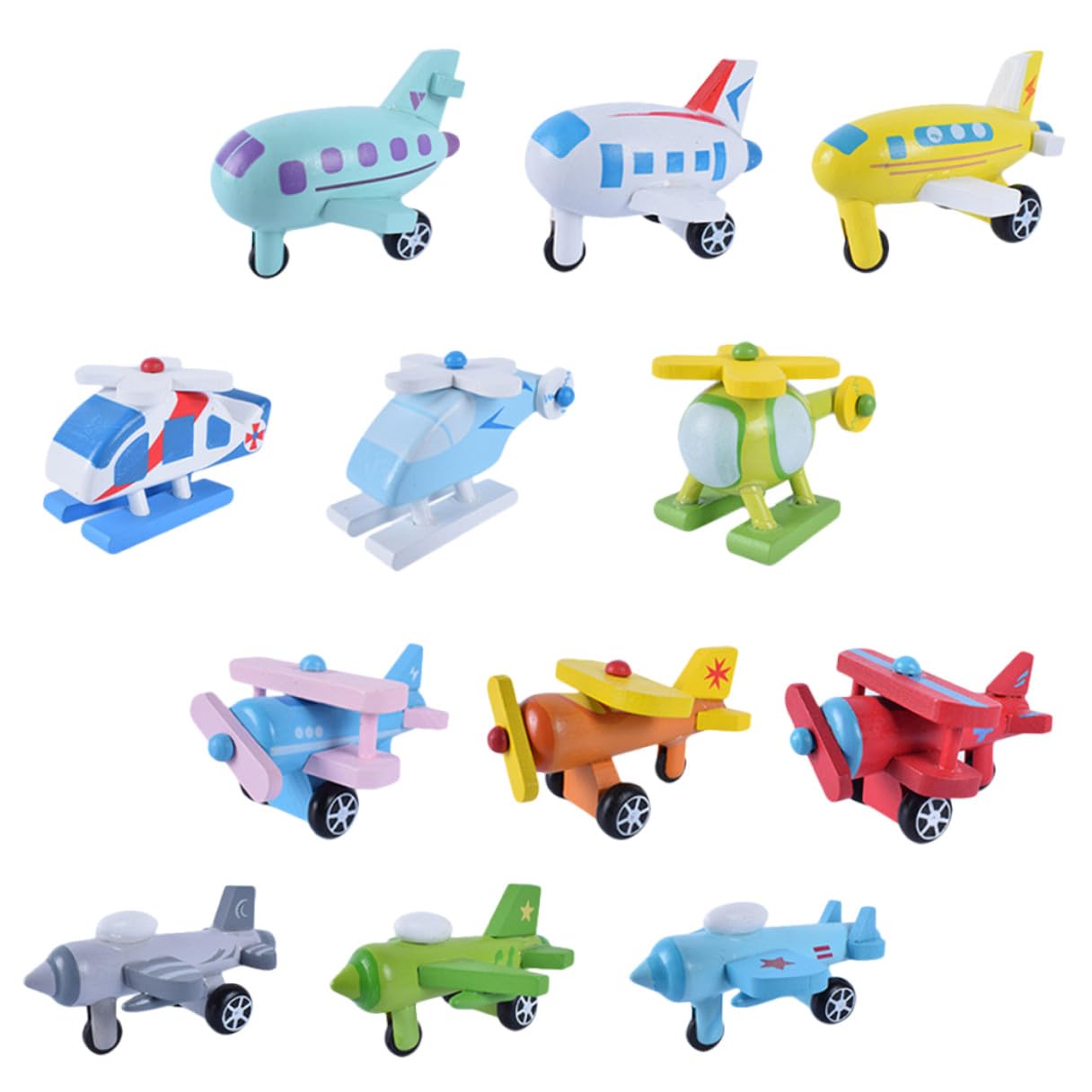 TOYANDONA Set 12 Mini Aerei Giocattolo in Legno, Giocattolo Educativo per Prima Infanzia Colori Vivi, Sicuro e Naturale, per Giochi e Decorazione Scrivania