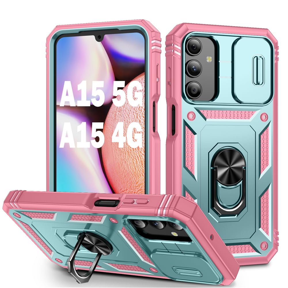 PASNEW Camera Cover for Samsung Galaxy A15 5G Case,Metal Kickstand Military Grade Heavy Duty Shockproof Hard Shell for Samsung A15 4G,6.5 inch,Green