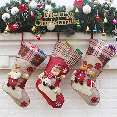 Tiandirenhe 18" 3PCS Personalized Christmas Stockings,Personalized Stockings Christmas Santa,Snowman, Reindeer,Plaid/Rustic/Farmhouse/Country Fireplace Hanging Xmas Stockings Decorations for Christmas