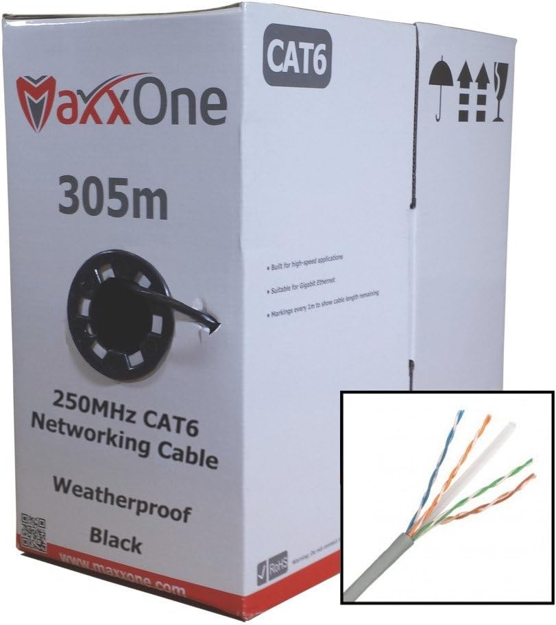 MaxxOne CAT6 305metres 1000foot RJ45 CCA Internet Outdoor / Indoor Networking Cable Reel Drum Black