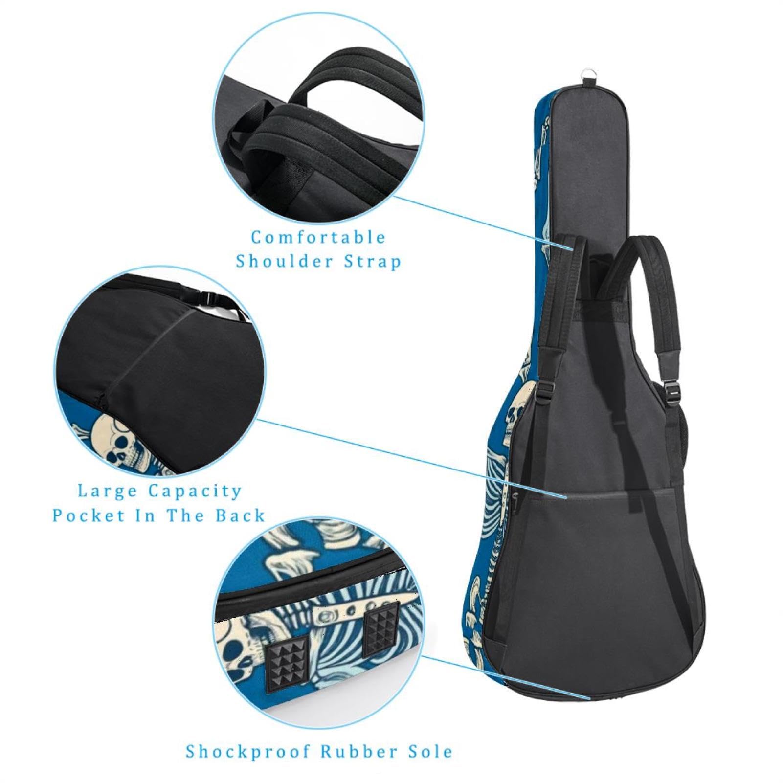 Art Blue Skull Shelf 41 106,7 cm Akustikgitarrentasche mit verstellbarem Schultergurt, Gitarrentasche mit Rückenaufhänger, geeignet für E-Gitarren, Bassgitarren, klassische Gitarren, Ukulele, Art Blue