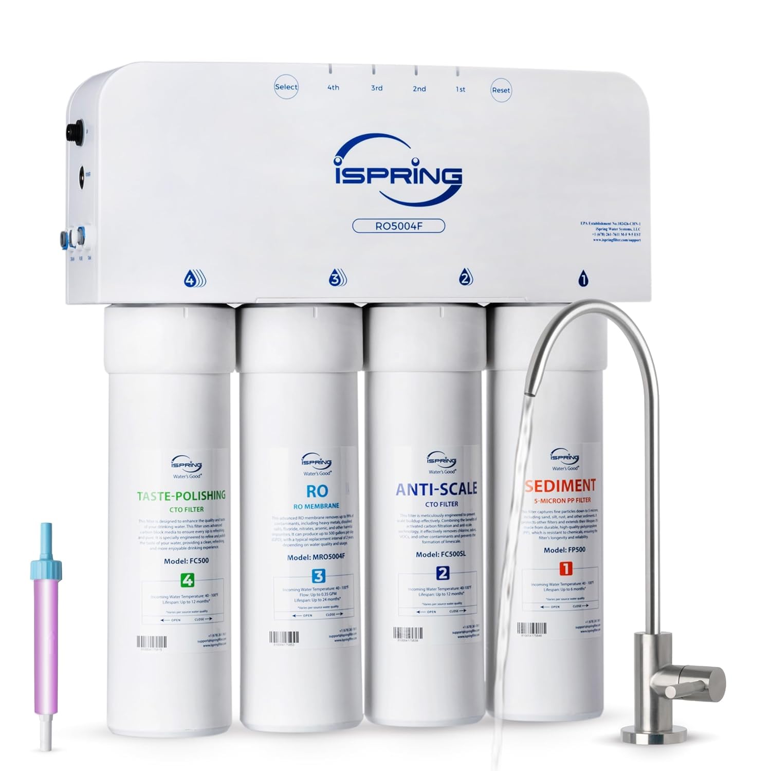 iSpring RO5004F Filtro Acqua Osmosi Inversa con UV Riduce PFAS, TDS, Piombo | Capacità 500 GPD, Sistema Senza Serbatoio, Pompa Di Pressurizzazione, Rapporto Acqua Pura/Scarico 2:1