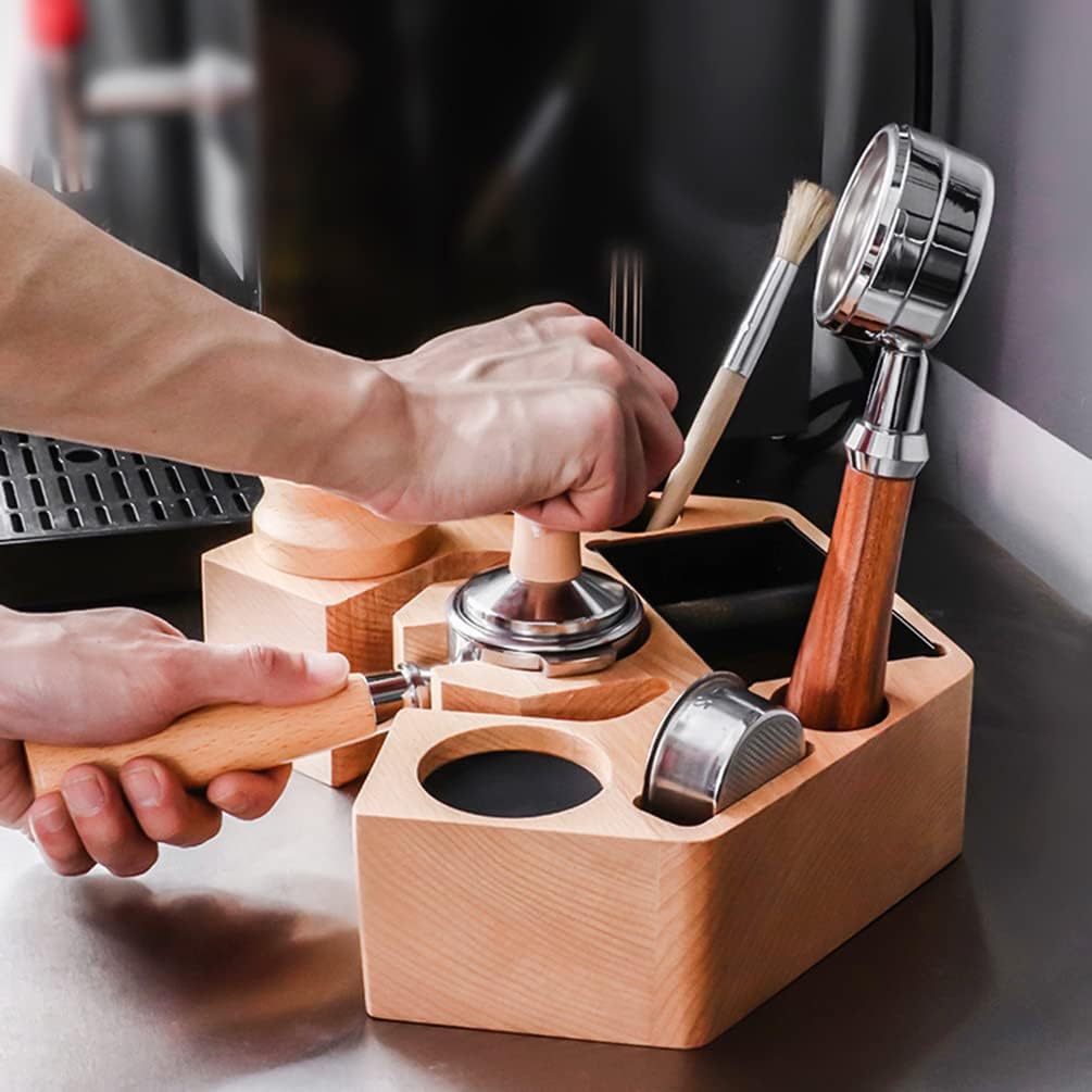 Coffee Filter Tamper Holder Wooden Espresso Machine Coffee Bar Accessories 8 in 1 Espresso Tamper Mat Stand Holder Tamping Station with knock box (51/54mm))