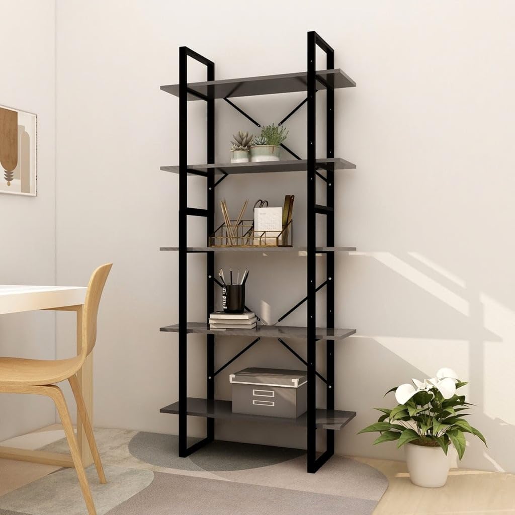 Juego de 2 estanterías para libros, 80 x 30 x 105 cm, 80 x 30 x 70 cm, madera y metal, con 5 compartimentos, diseño moderno, resistente y duradero, para salón, oficina, dormitorio, 2 unidades