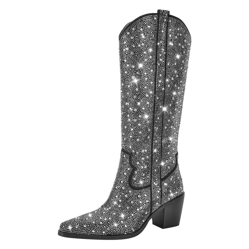 sexytag Rhinestone Boots for Women Knee High Chunky Low Heel Mid-calf Boots Pointed Toe Pull-On Ankle Booties2