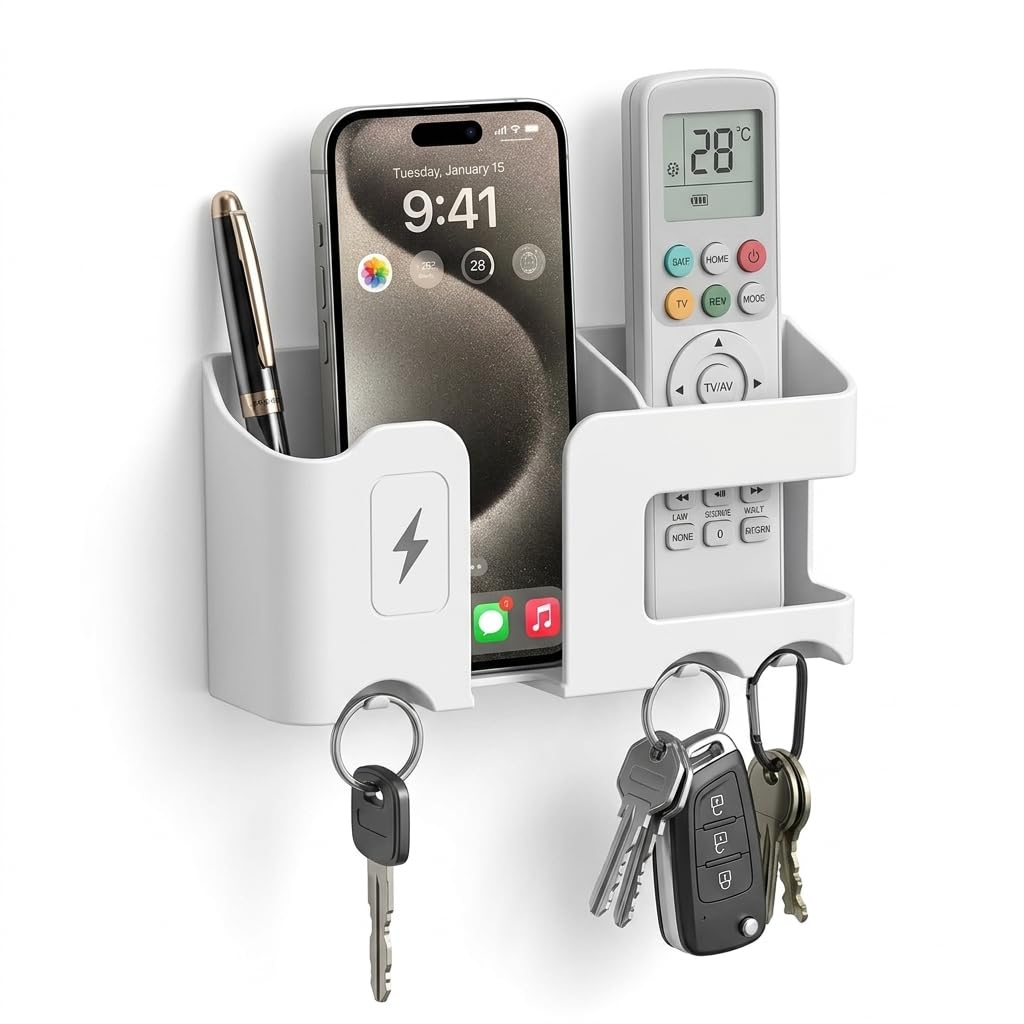 Aervin Wall Mounted Mobile Holder with Key Hooks & Remote Organizer | Self Adhesive No Drill Phone Charging Stand | Multi Purpose Wall Shelf for Mobile, Remote, Keys Home, Office, Bedroom (Multicolor)-picture-10