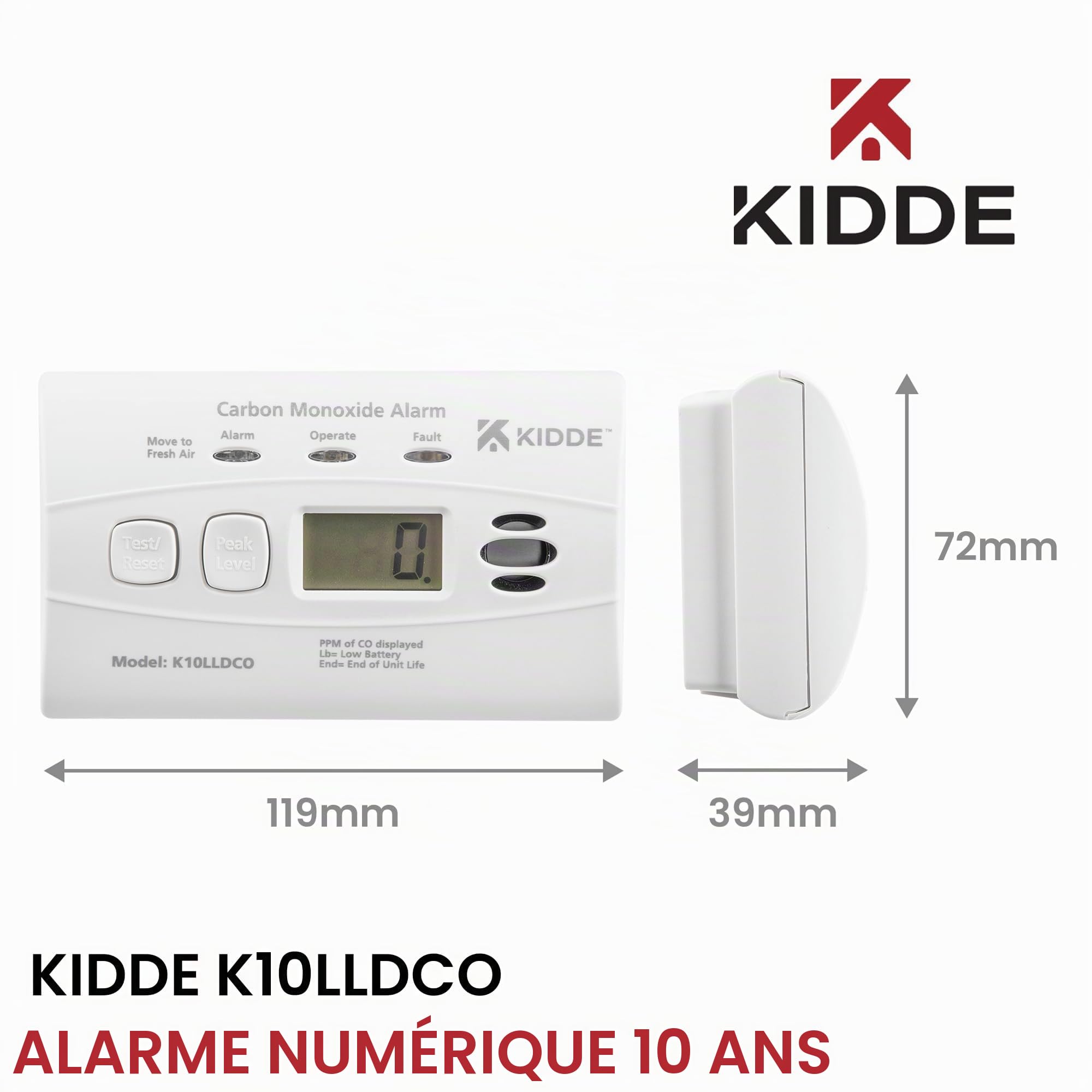 Kidde 10LLDCO Détecteur de monoxyde de Carbone à Affichage numérique avec Batterie au Lithium scellée