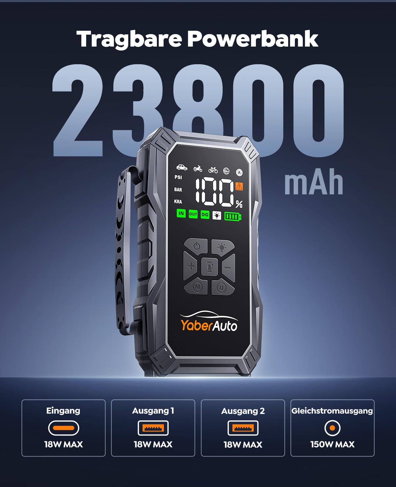 YaberAuto Starthilfe Powerbank mit Kompressor, 150PSI 6000A Auto Starthilfe, 23800mAh Starthilfe Powerbank, Jump Starter (All Benzin und 10.0L Dieselmotor) mit LCD Bildschirm und 500 Lumen Notlicht