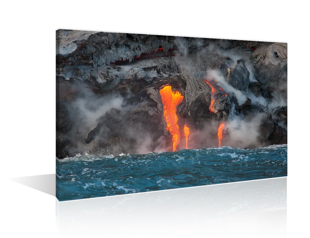 Lava Flow Canvas Wall Art Red Hot Lava Flowing Into Pacific Ocean on Big Island, Hawaii Wall Art for Living Room Pictures Modern Home Decor Office Decor Artwork Framed Ready to Hang 12"Wx18"H