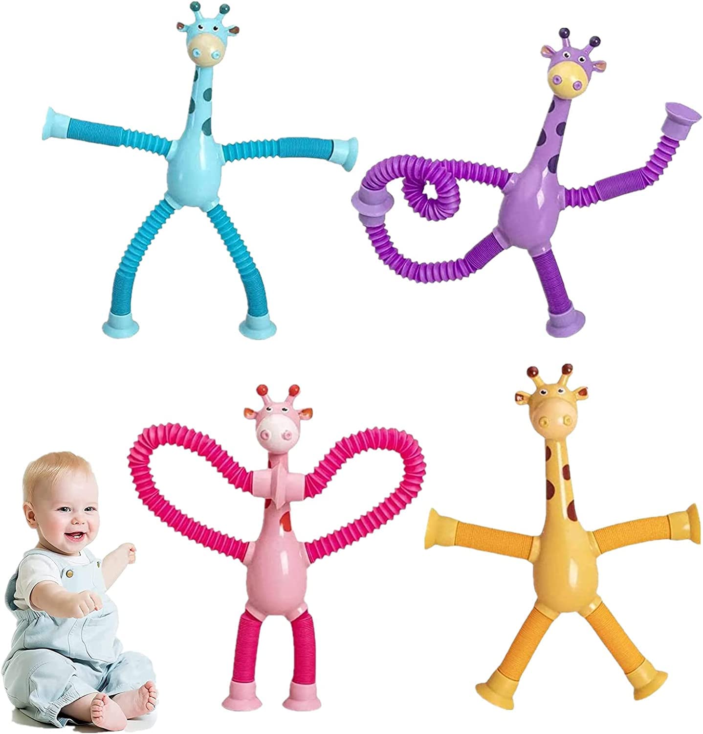 BABYG 4 PCS Telescopic Suction Cup Giraffe Toy,Tubes Fidget Toy Giraffe Educational Stress Relief Fidget Tubes Toy,Shape Changing Cartoon Puzzle Parent Child Interactive Decompression Toy