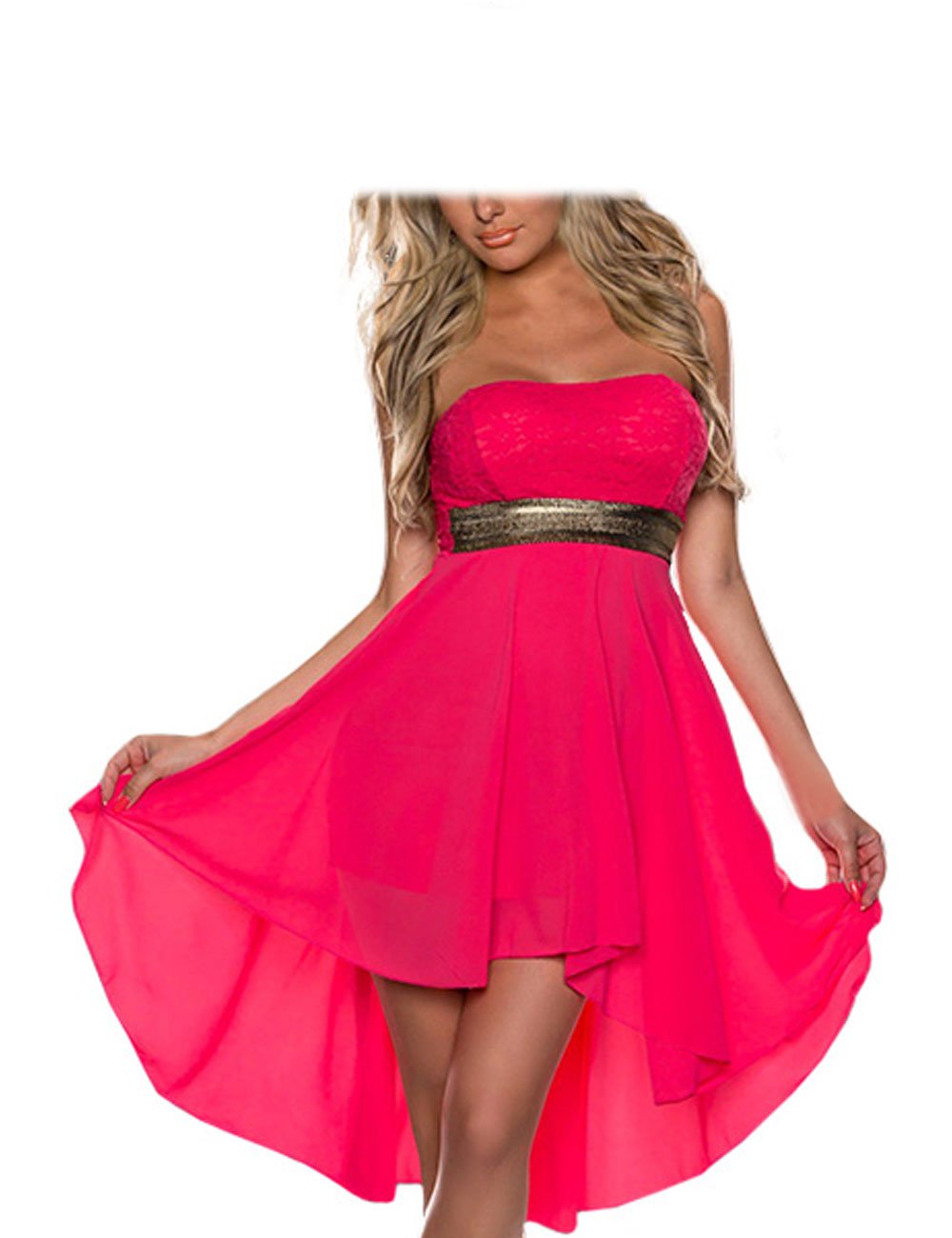 FASHION LOVER Women's Sweetheart Solid Strapless High-Low Gown Dress, Hot Pink, X-Large