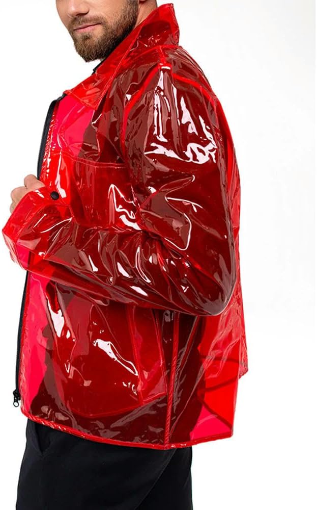 Men's PVC Punk Long Sleeve Zipper Turn Down Collar Clear Coat Jacket For Club Show Outdoor Use