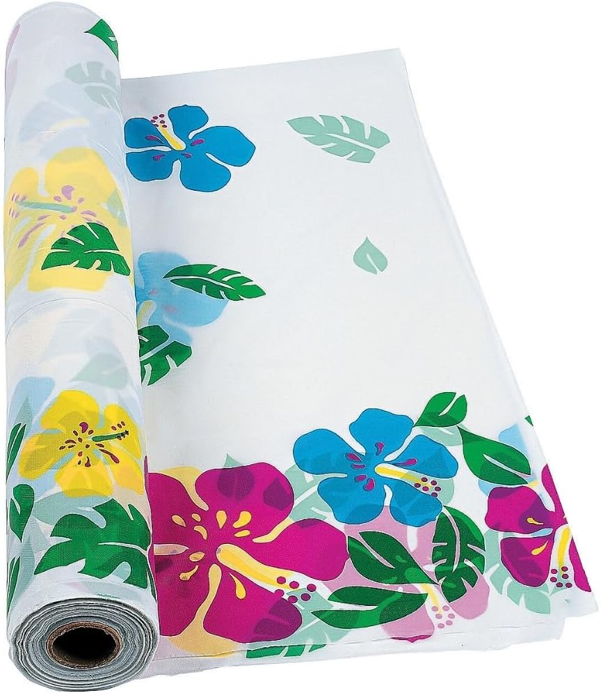 Fun Express Hibiscus Plastic Table Cloth Disposable Roll 100 Feet - Hawaiian Luau Party Decorations & Tropical Tiki Decor | Floral Tablecloth Cover for Summer Beach Birthday Party Supplies