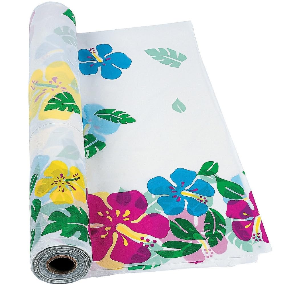 Fun Express Hibiscus Plastic Table Cloth Disposable Roll 100 Feet - Hawaiian Luau Party Decorations & Tropical Tiki Decor | Floral Tablecloth Cover