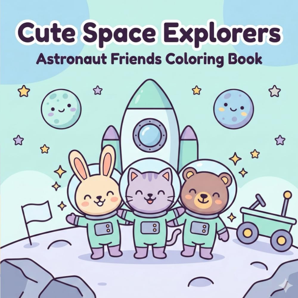 Cute Space Explorers Coloring Book: Adorable Astronaut Animals, Big Bold Easy Pages + Fun Activities for Kids Ages 3–8