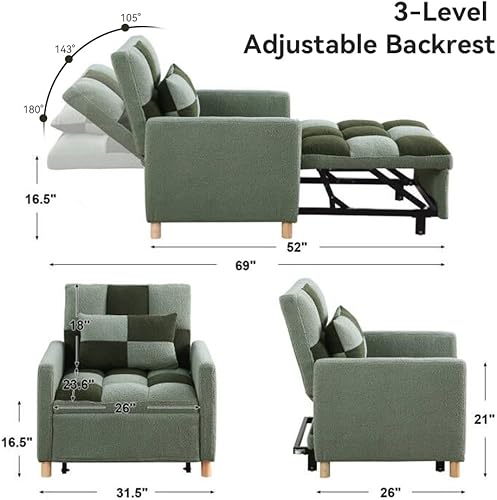 Miniatura 58 de Silla de cama, sofá cama convertible individual con almohada, cama extraíble con respaldo ajustable, silla de salón multifuncional con tela