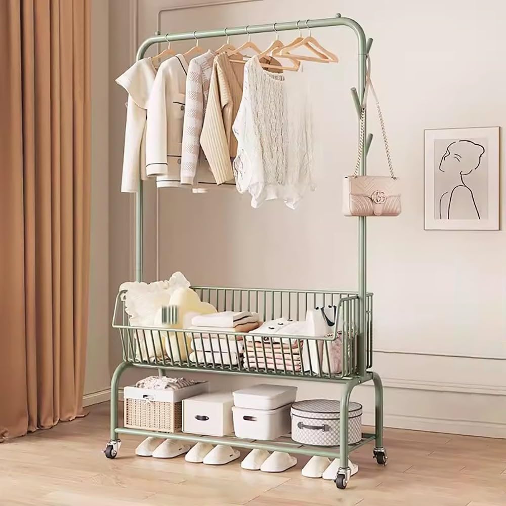 XDLEDMKIZ Metal Rolling Clothes Rack with 6 Hooks and Shoe Storage Freestanding Entryway Coat Stand with Shelves for Entryway nization and Space Saving