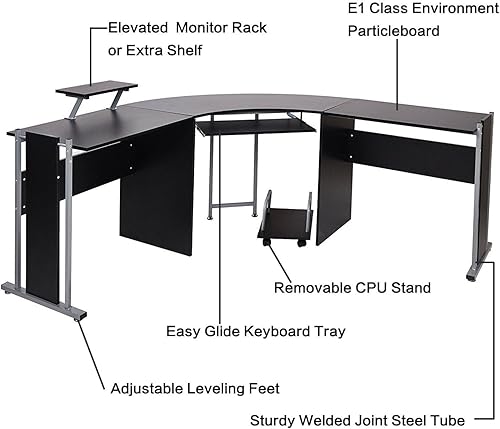 Miniatura 4 de Escritorio para computadora en forma de L, mesa de esquina moderna de madera, para computadora portátil, escritorio de oficina en casa, negro, 71.3
