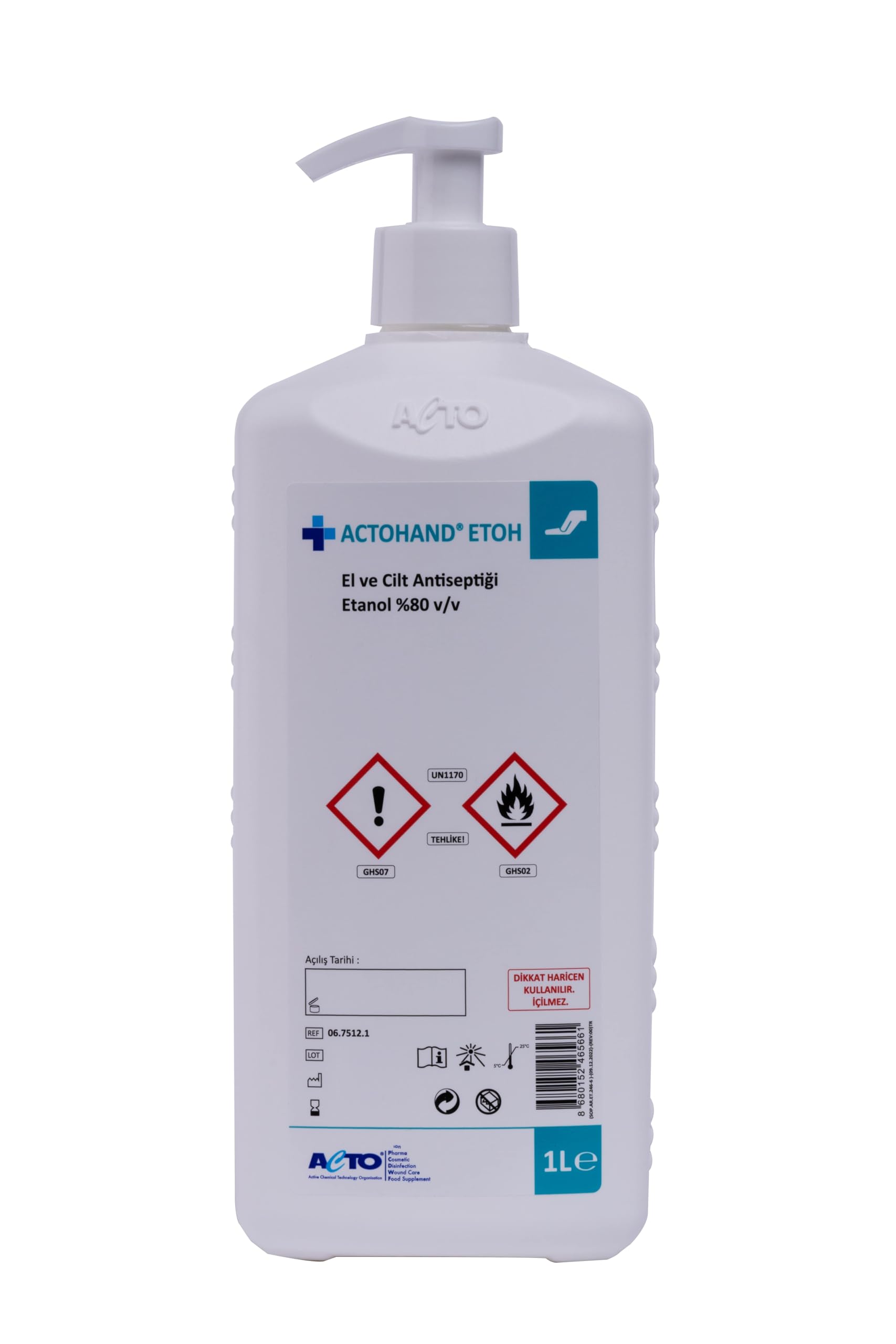 ACTOHAND® ETOH 1L – El ve Cilt Antiseptiği |%80 Etanol (v/v) İçerikli Hızlı Etkili Dezenfektan | Zararlı Mikroorganizmalara Karşı Etkin Koruma | Cilt Dostu, Hızlı Kuruyan Formül