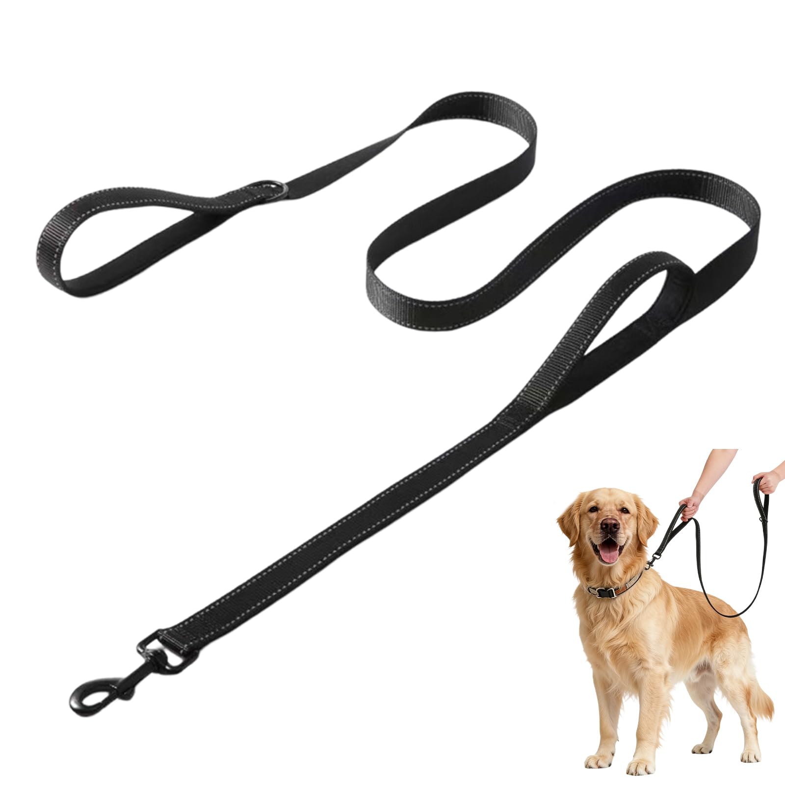 CLKE Heavy Duty Dog Leash, Double Handle Training Lead, No Pull Reflective Design Leash for Medium/Large Dogs Daily Walking Training (Black, 120cm x 2.5cm)