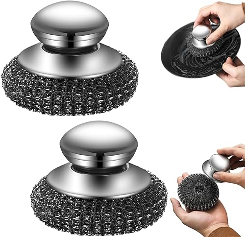 Paquete de 2 fregadores de acero inoxidable, 2025 nuevo limpiador de platos de lana de acero con asa para limpiar platos, ollas de hierro, estufas,