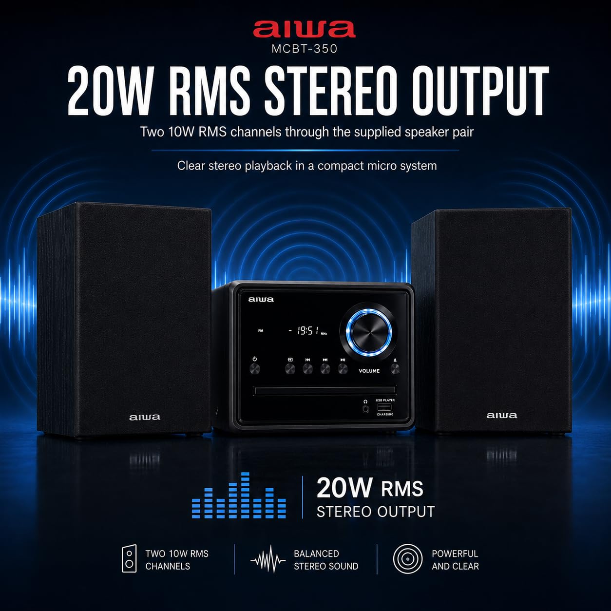 AIWA - MCBT-350, Mini Sistema Hi Fi Clase D de 20 W, Reproductor de CD MP3, Bluetooth 4.2 inalámbrico, Radio FM Digital 40 emisoras, USB Reproducción de Carga, entradas RCA, Salida de Auriculares