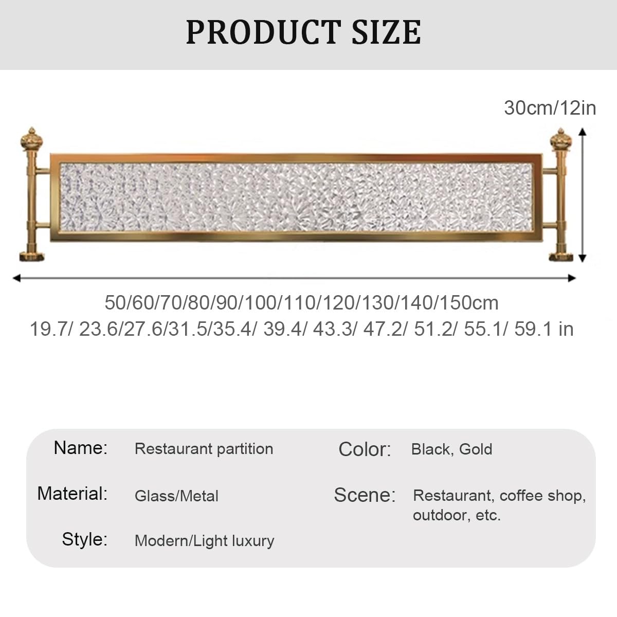 Mampara divisoria de Cristal para mostrador con Marco metálico de Cristal Templado translúcido Ondulado, Separador de Espacios Decorativo para restaurantes y comedores de hoteles. (L80cm/31.5in)