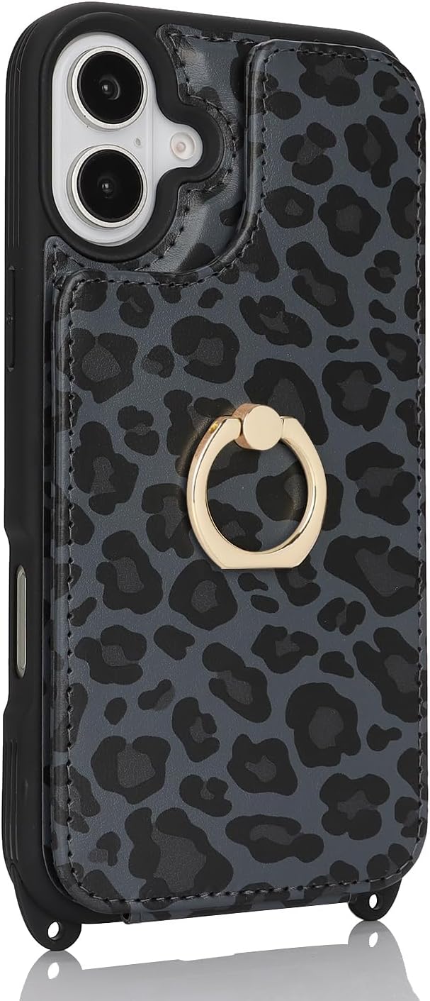 Lipvina for iPhone 16 Case with Strap and Wallet-Black Leopard image 5