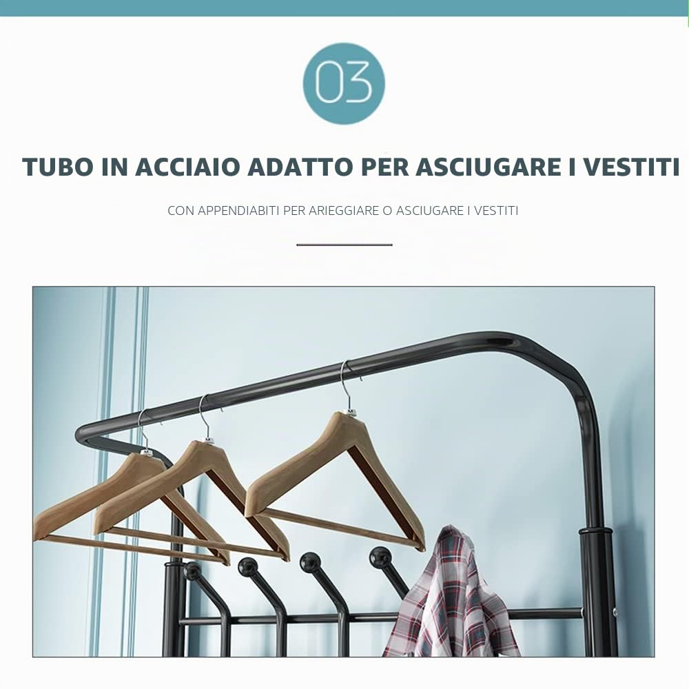 MAGIC SELECT Appendiabiti Portabiti, Barra Superiore per Grucce, 18 Ganci e 3 Ripiani per Scarpiera - Appendiabiti in Metallo per Ingresso Corridoio