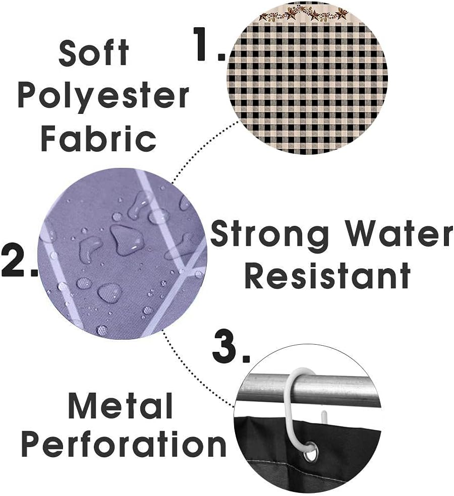 4PCS/Set Brown Texas Star Western Shower Curtain, Black White Buffalo Plaid Rustic Berry Garland Pine Cone Vintage Primitive Country Farmhouse Bathroom Decor, Non-slip Bath Rugs, Check Pattern