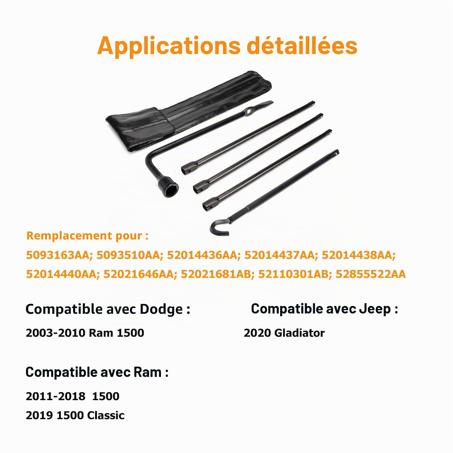 Dr.Roc Compatible avec Le kit d'outils de Pneu de Secours avec poignée de cric de Secours et clé à cosse de Roue 2003-2018 Dodge Ram 1500 et Ram 1500 Classic 2019