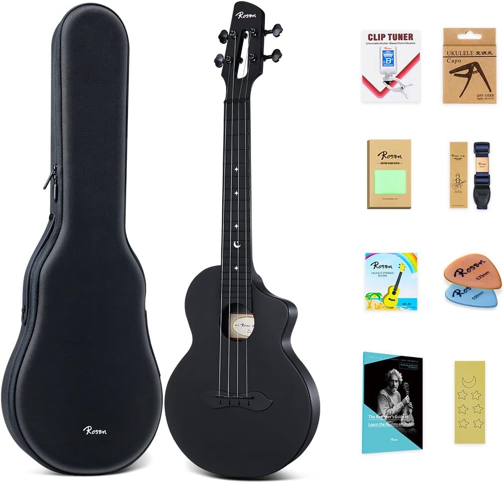 Concert Ukulele Nova 23 inch Carbon Fiber Travel Ukelele for Adult Kids Beginners Kit Includes Book, case, Strap, Capo, Pick, Strings and Cleaning Cloth, Black