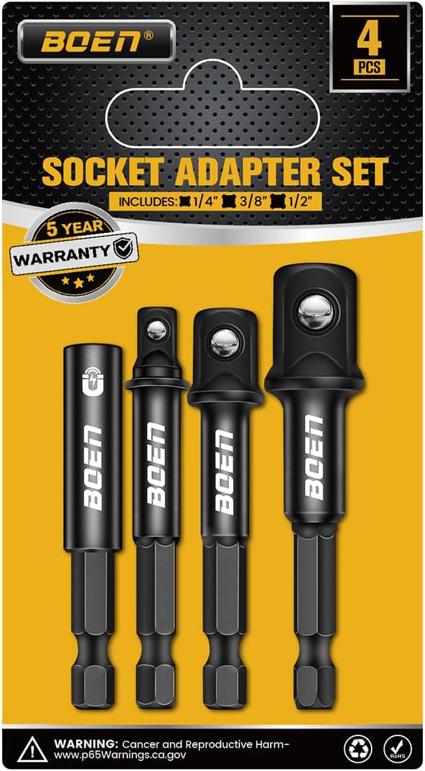 BOEN Impact Socket Adapter & Magnetic Bit Holder | 4 Pieces of 1/4-Inch Hex Shank Extension to 1/4", 3/8", and 1/2" Drive