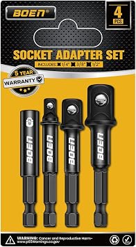BOEN Impact Socket Adapter & Magnetic Bit Holder | 4 Pieces of 1/4-Inch Hex Shank Extension to 1/4", 3/8", and 1/2" Drive