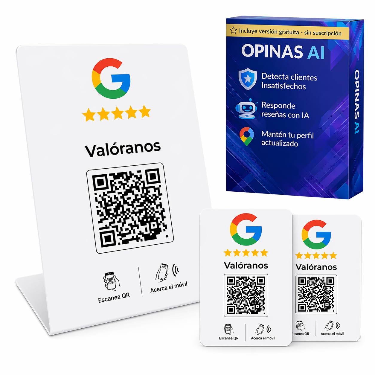 Pack Placa Reseñas en Google NFC y QR + 2 Tarjetas NFC Reseñas en Español | Incluye APP para Responder Reseñas con IA