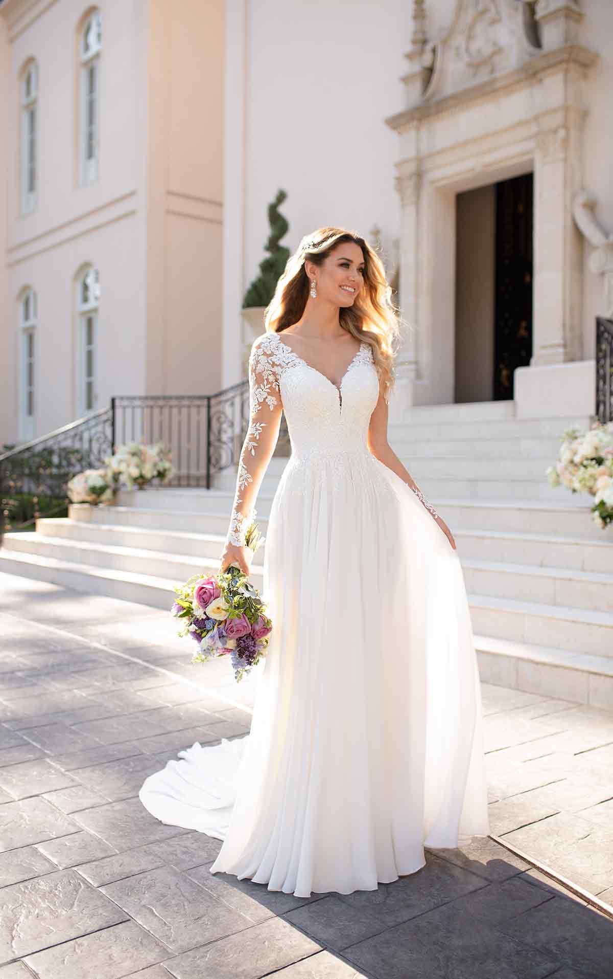 Robe de mariée à manches longues en dentelle et mousseline de soie - Col en V - Style bohème, Blanc., 34