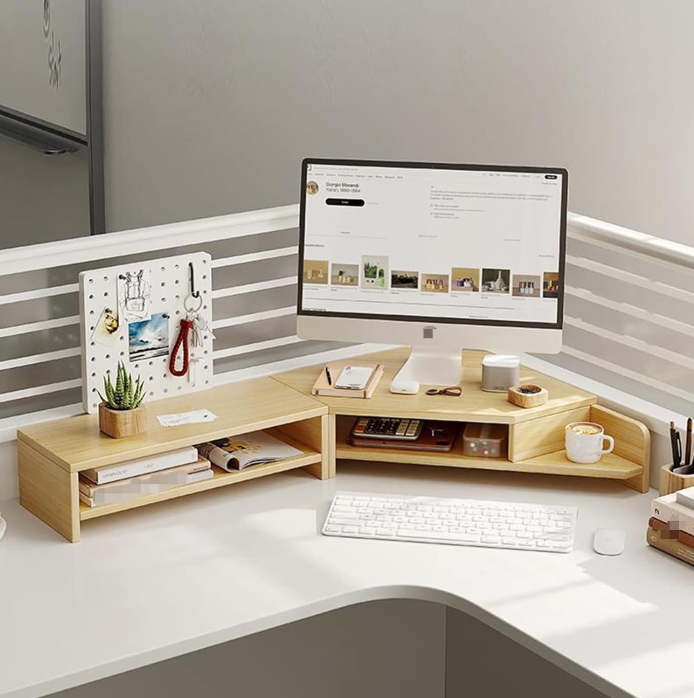 Support d'angle pour moniteur, double couche en bois pour bureau en forme de L, support d'angle pour ordinateur portable avec fentes pour économiser de l'espace