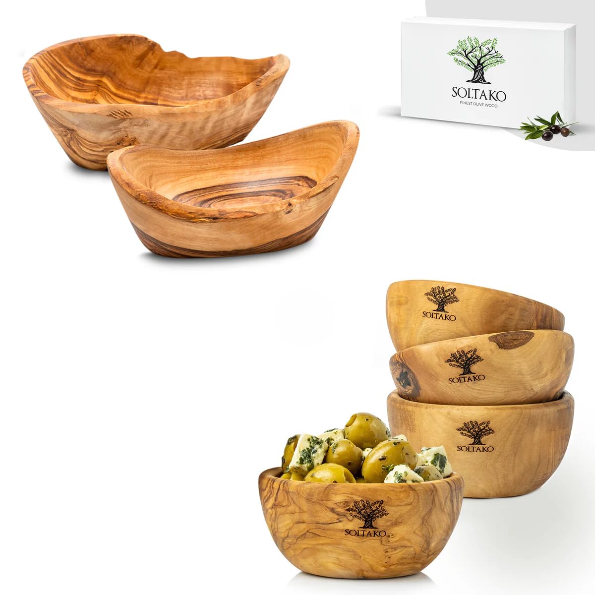 SOLTAKO Olivenholz Geschenksset ideal für Tapas und Snakcs The Hummus Lover 4er Set + Les Snacks 2er Set
