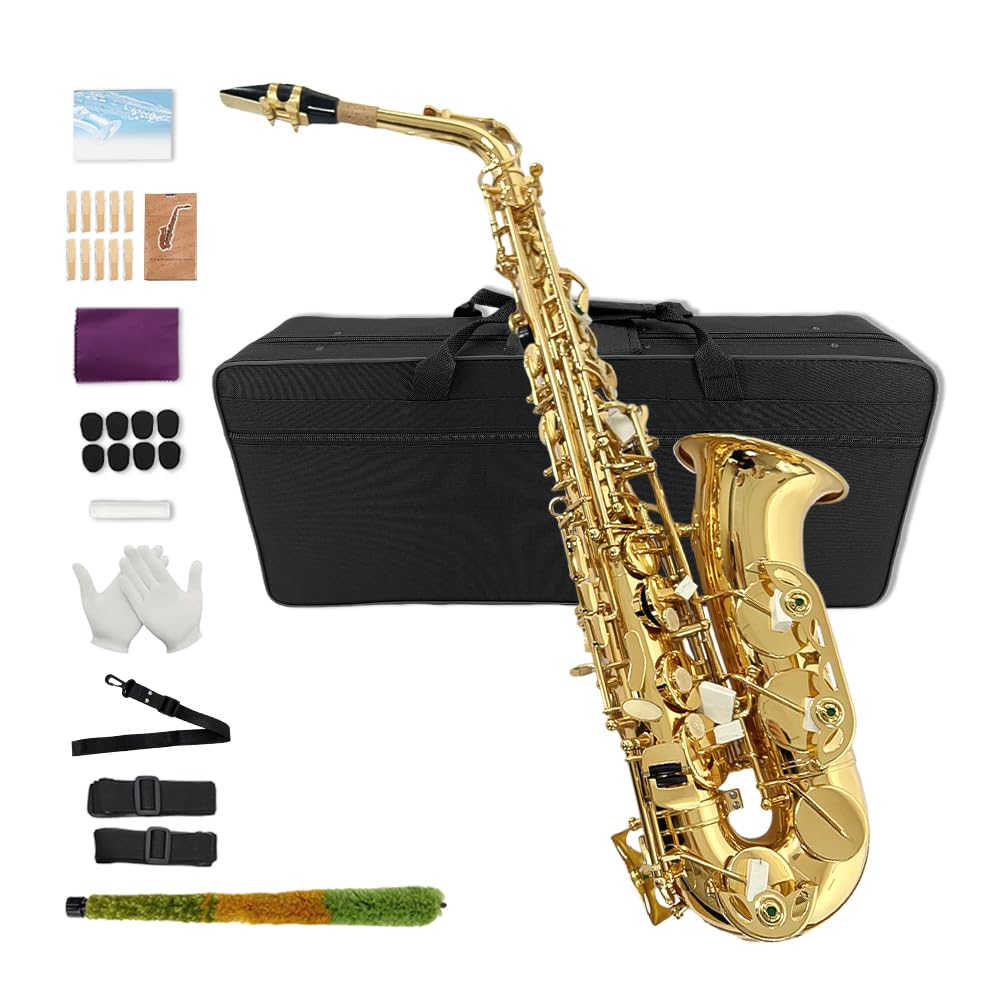 Yinfente Eb flaches Saxophon mit 10 Blättern, 8 Pads, Hartschalenkoffer und mehr, für Studenten, Anfänger, Erwachsene, Altsaxophon, Saxophon-Set, (goldfarben)