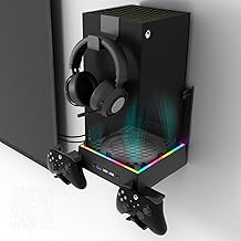 Wall Mount with Cooling Fan for Xbox Series X, 4 in 1 Wall Mount Kit for Xbox Series X, 3 Speed Low Noise Fan with RGB Light Strip & Touch Switch, 3 USB Port Controller & Headphone Holder