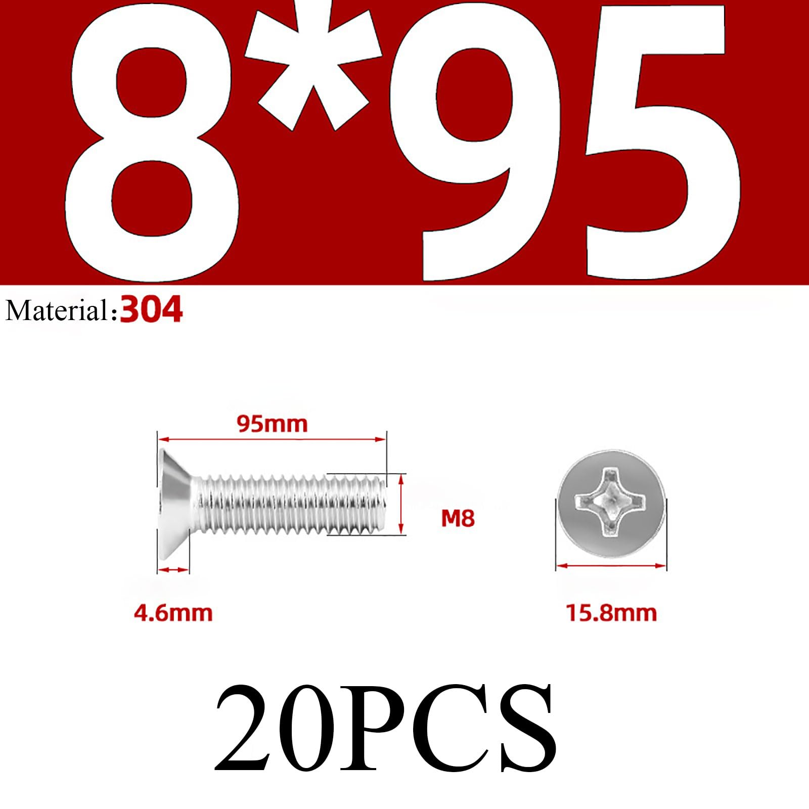 Tornillos para metales, tornillos de cabeza plana, Paquete de 20 M8 planos CSK Phillips Drive, rosca completa, acero inoxidable 304, varios tamaños(M8*95 20)