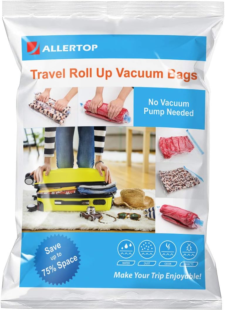 10 Travel Space Saver Bags (4 X-Large, 4 Large, 2 Medium) Minimize Suitcases & Luggage Weight. Roll-Up Compression, No Need Vacuum Machine Pump. Separate Clean Clothes from Dirty Ones