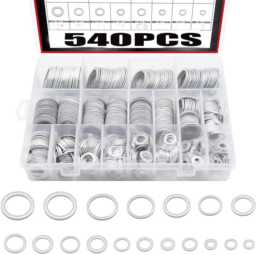 NOBRIM 540 pcs Rondelle Bouchon De Vidange D'huile Joints en Aluminium Rondelle Plate Combinaison Assortiment Kit Ensemble M6 M8 M10 M12 M14 M16 M18 M20 M22 M24