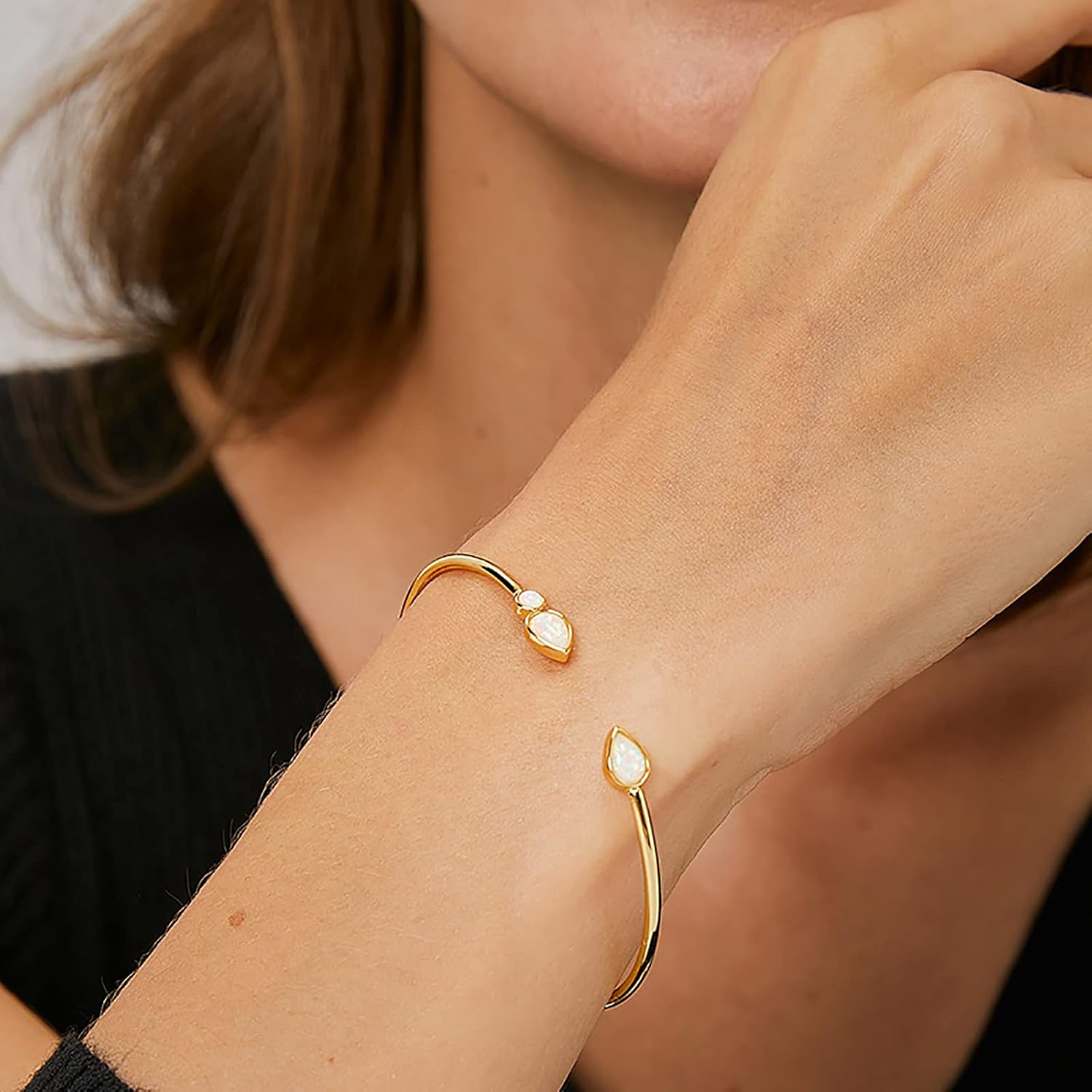 Lit Wall Opal Bangle Bracelet for Women 18K Gold Plated Adjustable Minimalist Gold Opal Bracelet Cuff Bracelet for Women - Image 4