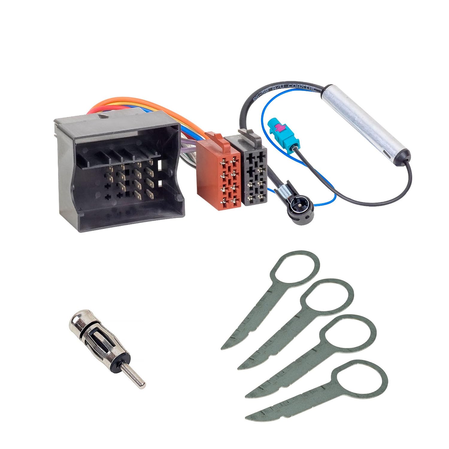 Audioproject A168 - Set di montaggio autoradio compatibile con VW Golf V Touran Passat 3C Caddy Skoda Octavia Seat, 4 staffe di sblocco, 2 adattatori per antenna Fakra ISO DIN