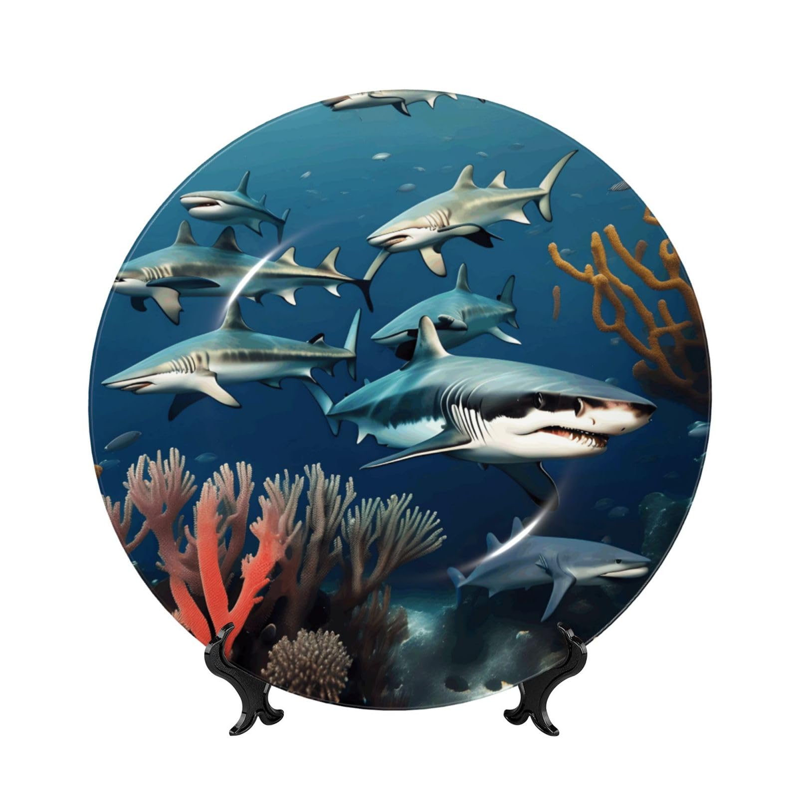 SXZVVBN Sharks under the sea Bone China Decorative Plate Art with Stand Removable Adhesive Hanging for Home Office 7in