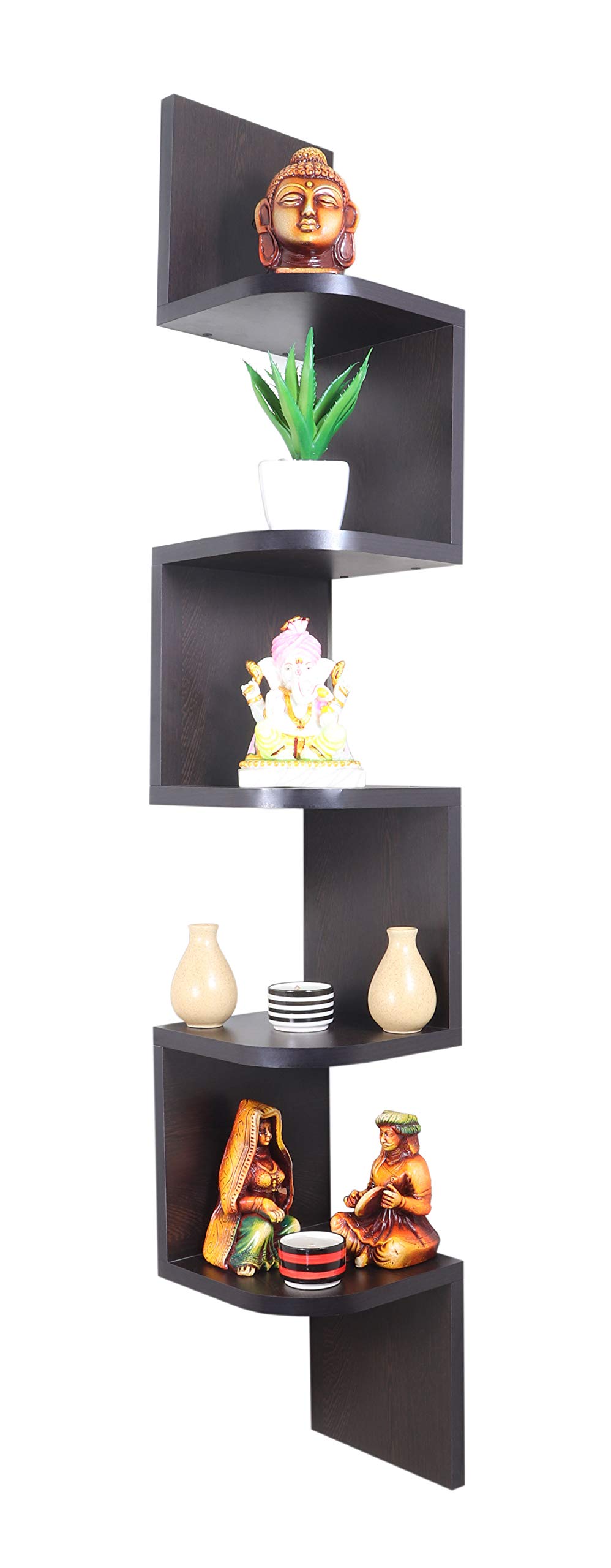 Captiver Engineered Wood Wall Mounted Zigzag Corner Shelf Tier 5 (Matte, Wenge) V Living Room Bedroom Multipurpose Storage Stand Organizer Brackets Shelves Self Furniture Library Study