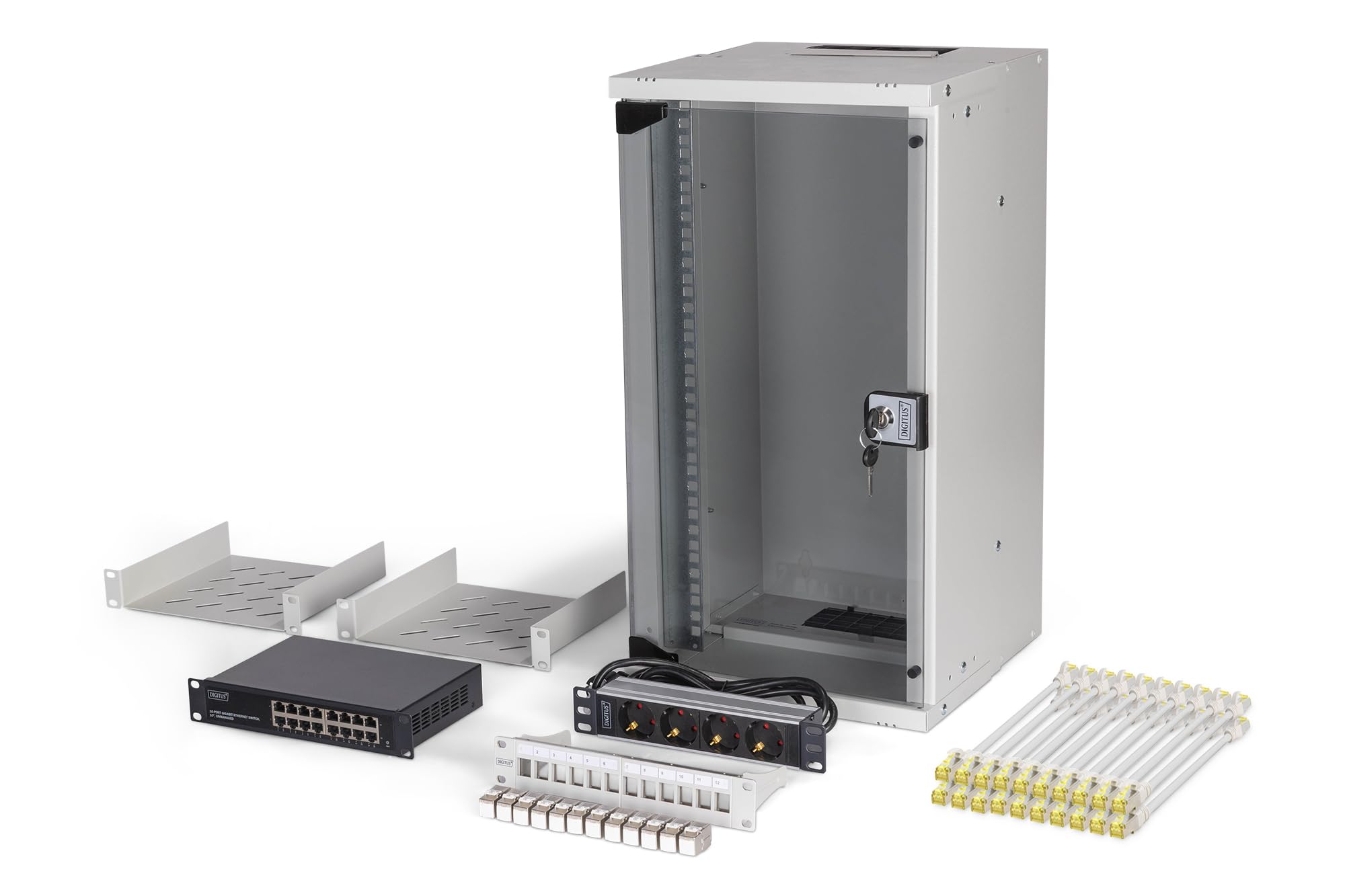 DIGITUS 10 Zoll Netzwerk-Set – 12HE Netzwerkschrank – 2 Fachböden – Steckdosenleiste – 16-Port Switch – 12-Port Patchpanel – 12 Keystone Module – 20 Patchkabel – SOHO Pro – Grau