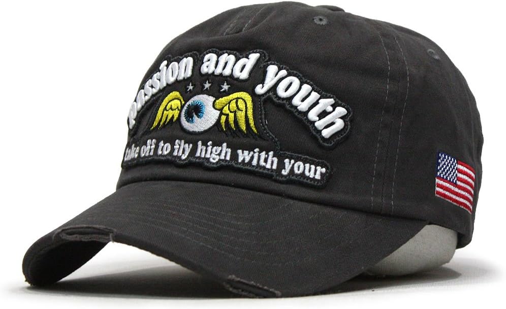 Von Dutch US Flag Distressed Brim Cotton Adjustable Baseball Cap (Charcoal Gray)